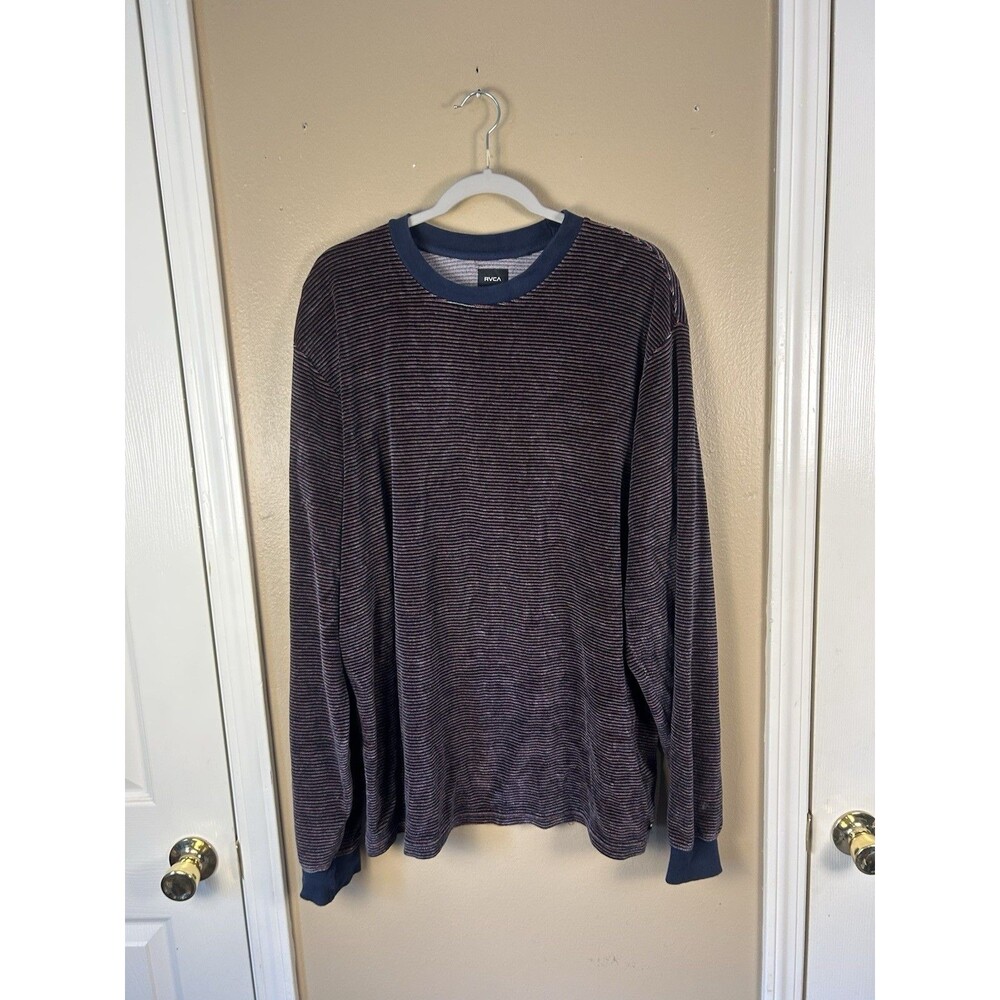 RVCA Men's Sweater Terry Fuzzy Navy Red Stripe Long Sleeve Pullover Size XXL